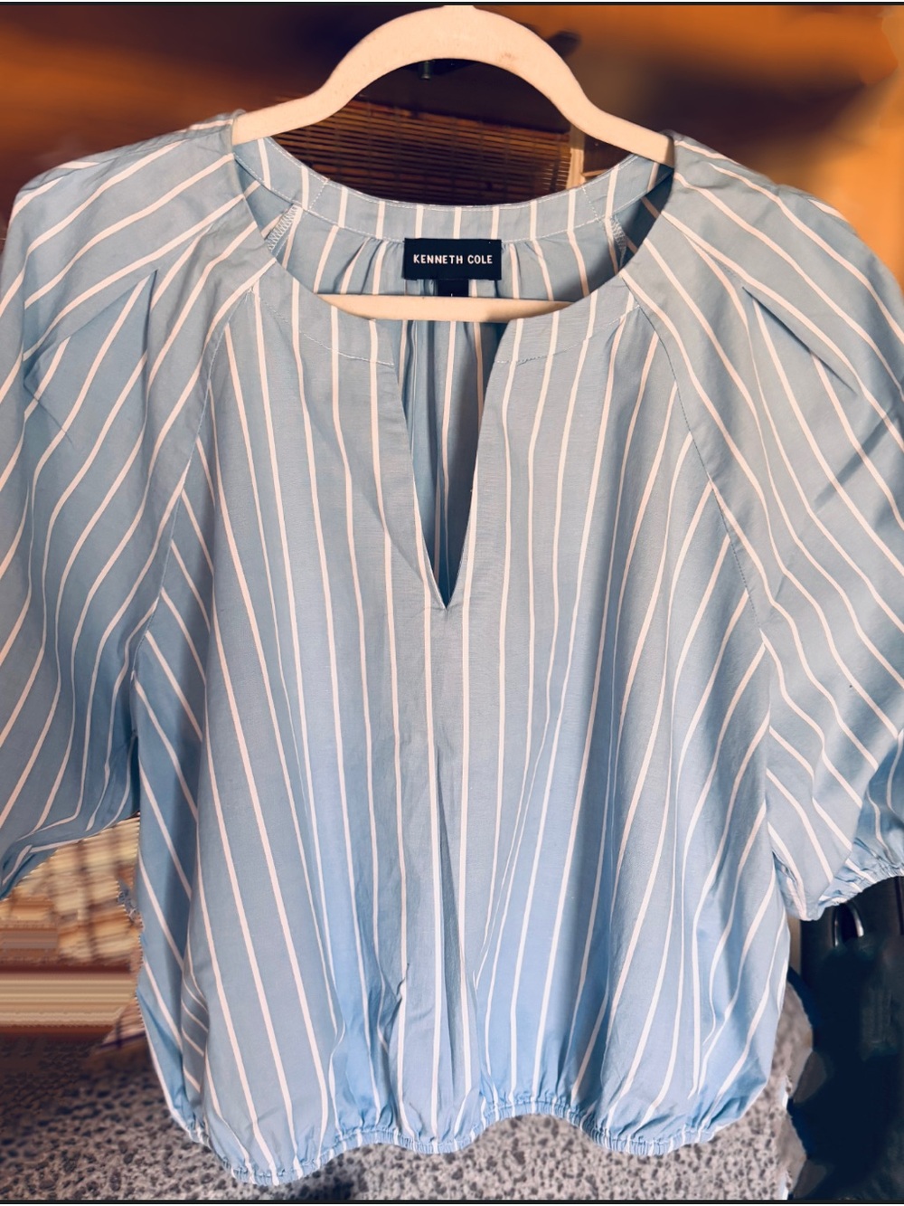 Kenneth Cole Blue and White Vertical Stripe Blouse